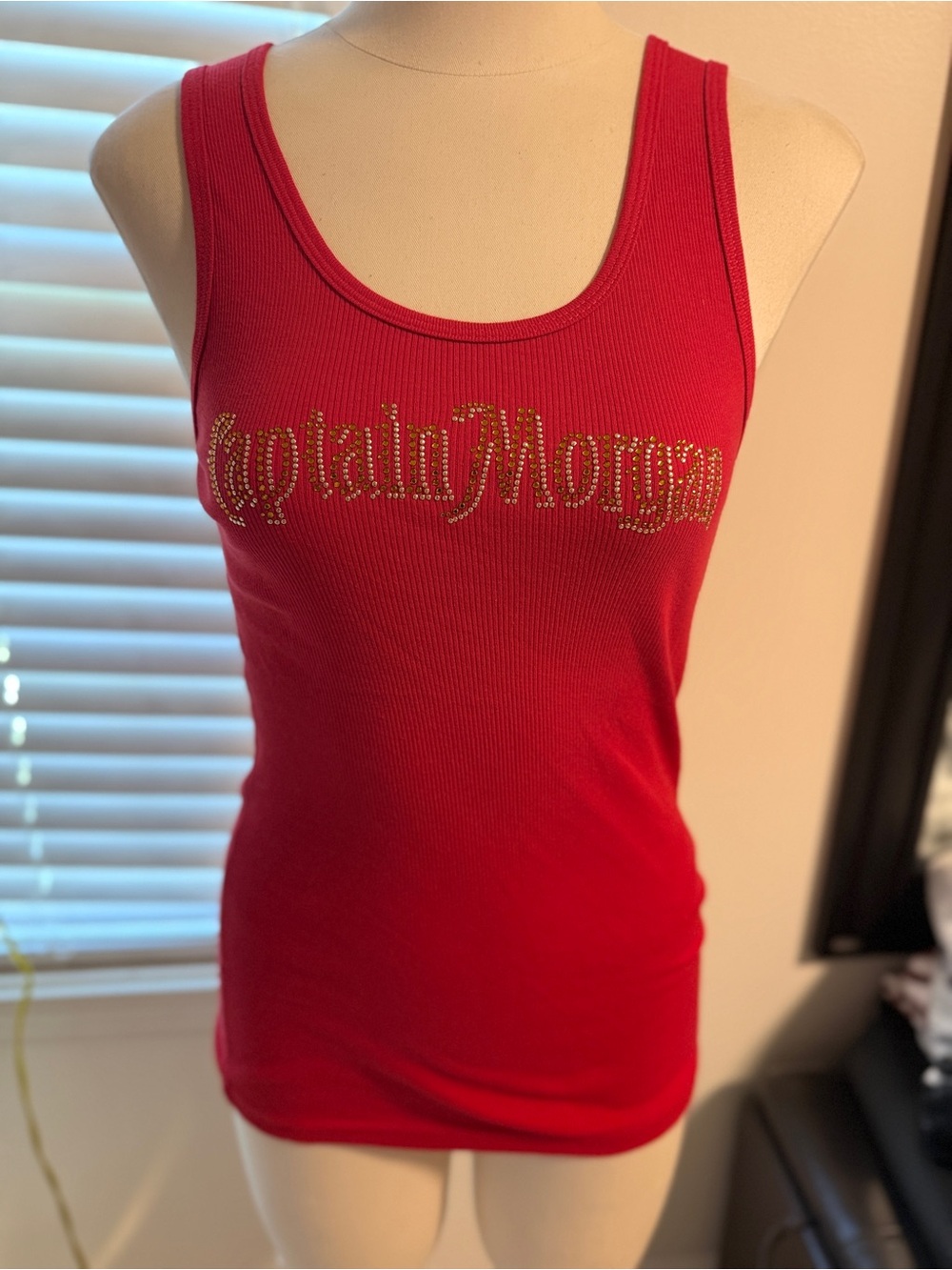 American Apparel Red Ribbed Tank with Gold Crystal 'Captain Morgan' Logo